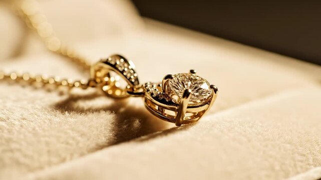 Gold Necklace with Sparkling Diamond Pendant on Cream Velvet Fabric