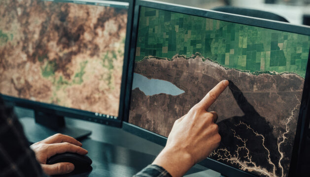 Satellite map monitor computer screen hand finger analyst office agriculture satellite map dual computer monitor with hand pointing to agricultural field pattern along coastline modern office