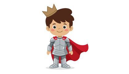 Cute cartoon little prince boy wearing metallic knight armor and red cape isolated on white background.