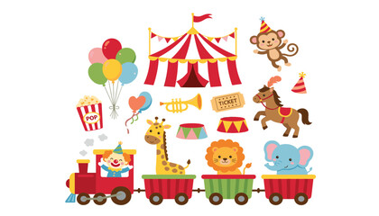 Naklejka premium Cute cartoon circus vector elements set featuring animal train, big top tent, clown, and carnival performance.