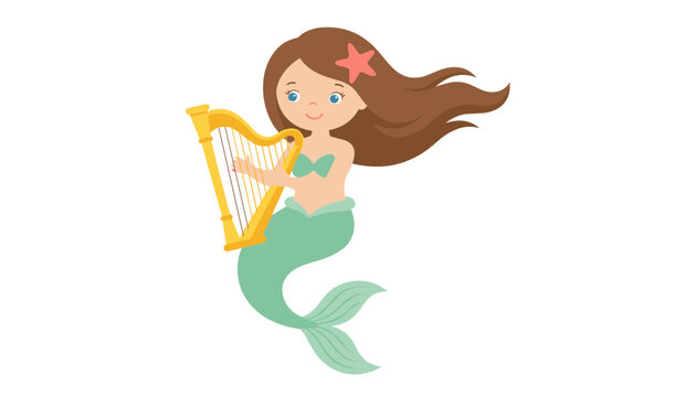 Cute cartoon little mermaid vector illustration playing a golden harp musical instrument under the sea white background.