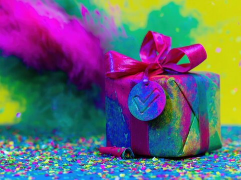 Spiced rose gift box with a decorative bow and check mark tag, featuring a glossy finish on a colorful surface for approval and celebration, copy space