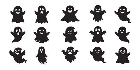 Obraz premium Collection of adorable black silhouette ghosts with varying expressions perfect for halloween designs and spooky season graphics