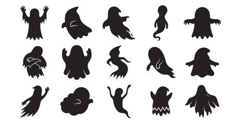Obraz premium Collection of spooky black silhouette ghosts in various poses for halloween designs and eerie themed artwork
