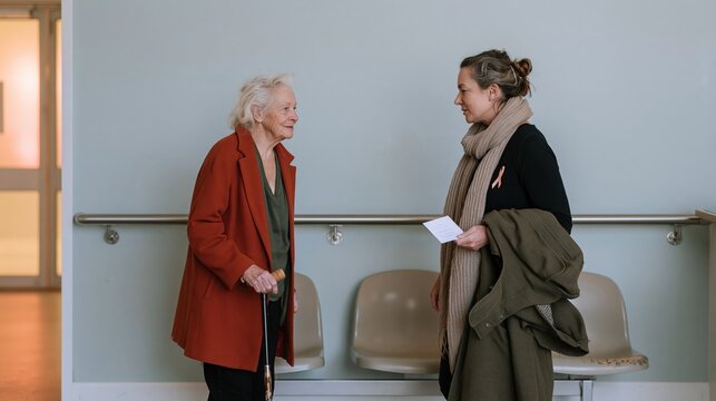 Senior woman with a cane and her adult daughter arriving at a clinic reception, featuring a pink ribbon for breast cancer awareness and copy space