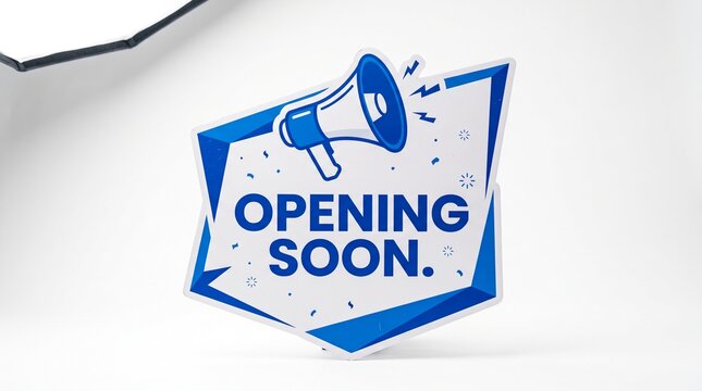 Blue opening soon announcement sticker featuring megaphone icon on white background for new business launch and marketing.
