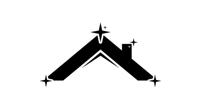 Black house roof icon with chimney and stars, modern home logo vector, roofing design, property symbol, real estate illustration, minimalist architecture