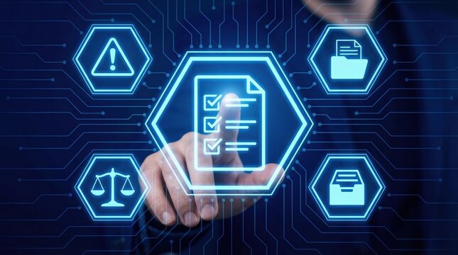 Business compliance legal requirements assurance standard concept with checklist document and icons on digital interface
