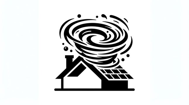 Tornado hitting house icon with hurricane symbol over traditional home structure. Digital illustration of natural disaster destroying property with solar panels. Vector pictogram for weather