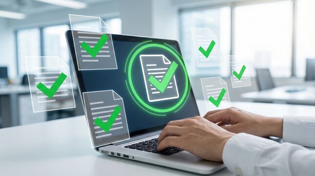 Business compliance and legal requirements assurance is shown on laptop with check marks confirming standard document approval in office setting