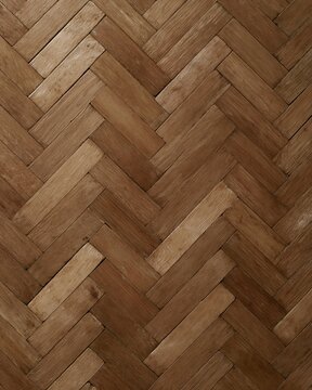 Herringbone parquet flooring with a worn timber texture, featuring warm brown tones and a polished grain for interior design and architectural backgrounds