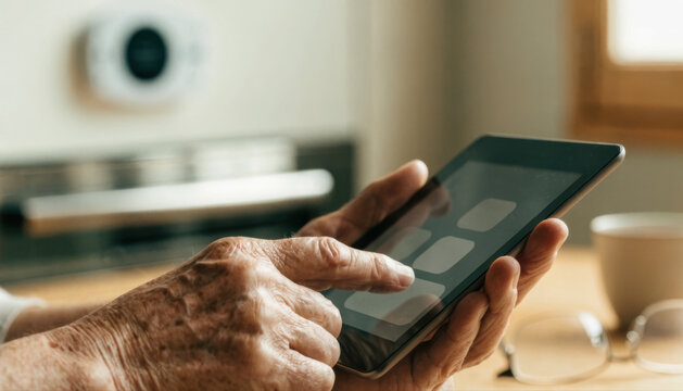 Senior hand tablet technology touchscreen elderly home digital device aging internet online communication learning retirement lifestyle modern app interface finger closeup independent concept