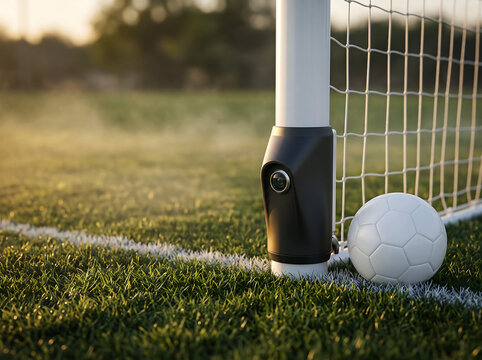 Smart soccer goal camera mounted on white post with white football on grass field captures goal line action for VAR tech.