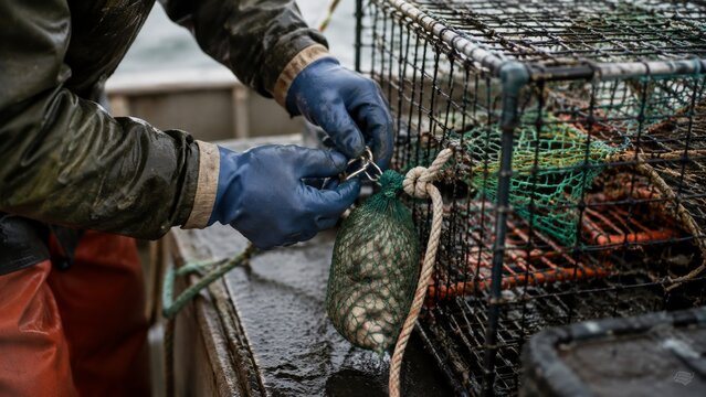 Lobster trap on deck showing a blue gloved fisher handling rope inside a metal trap in a wide frame