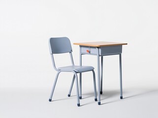 Fototapeta premium School desk and chair set with a smooth matte frame and birch plywood edge, isolated on a white background for furniture catalogues and mockups