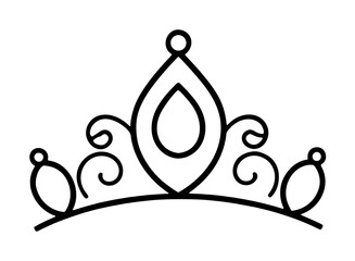 Hand-traced tiara vector icon illustration featuring a central teardrop gemstone framed by elegant ornamental scrollwork curls, small round gems and curved band, perfect for princess royalty designs © MdJAKIR