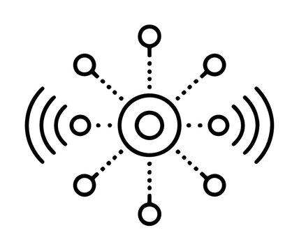 Hand-drawn black vector icon illustration of a circular sensor array device with radial dotted connection lines extending outward to small nodes, accompanied by curved signal wave arcs on both sides