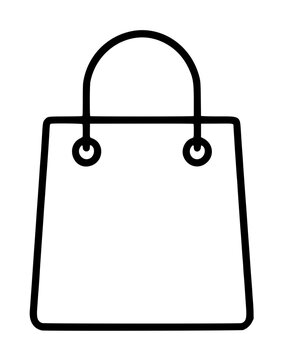 Simple black outline vector icon of a classic shopping bag, perfect for e-commerce, retail, and consumer graphics, representing purchases, sales, and online shopping experiences.