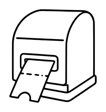 Sleek monochrome vector icon depicting a classic ticket dispenser, ready to issue entry passes or queue numbers for various events, services, or entertainment venues. A clean, modern illustration for