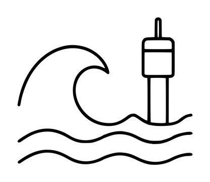 Hand-traced vector icon depicting wave energy converter buoy floating on rolling ocean waves, marine renewable power generator illustration with stylized sea waves and aquatic technology