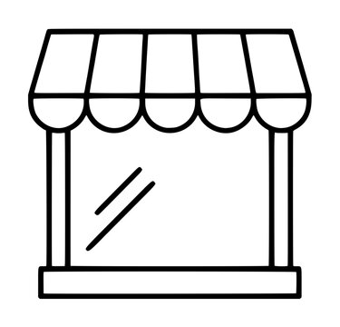 Hand-traced storefront window vector icon featuring striped awning with scalloped valance, large glass display with diagonal reflection lines, and minimal base ideal for retail shop branding