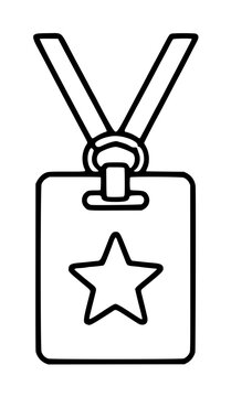 Vip pass hand-drawn vector icon featuring a rectangular badge with star emblem hanging from a cord, monochrome line illustration, premium membership access symbol outline graphic