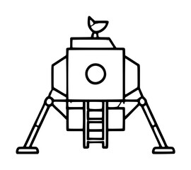 Hand-drawn black and white vector illustration of a lunar module lander with extended legs, ladder, and satellite dish, perfect outline icon for space exploration and technology design © Rokon