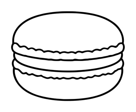 Minimalist black and white vector icon illustration of a delicious French macaron cookie with a smooth top and ruffled edges, perfect for bakery logos, menu designs, or creative coloring book pages.
