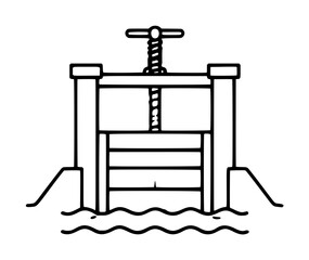 Fototapeta premium Hand-drawn black outline vector illustration of a traditional irrigation water gate with screw mechanism, wooden sluice doors, and wavy water streams flowing beneath on a plain background