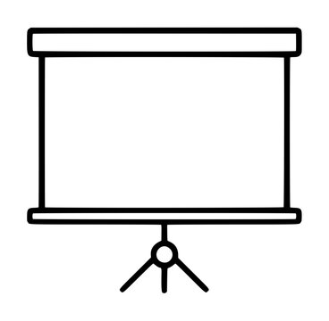 Hand-traced vector icon of a blank projector screen on a tripod, featuring clean black outlines, a simple presentation display, and a minimal hand-drawn style