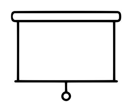 Minimalist hand-drawn vector icon of a blank pull-down projector screen with a hanging pull ring, perfect for presentation, cinema, and office illustration design projects