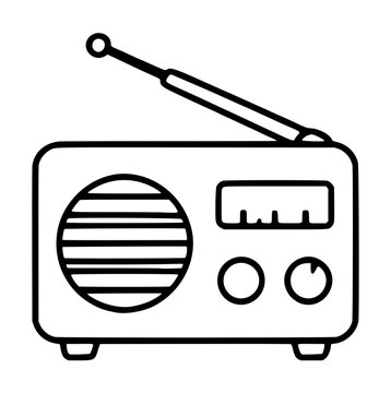 Hand-drawn vintage radio vector icon illustration with extended antenna, circular speaker grille, tuning dial, and control knobs in black outline style