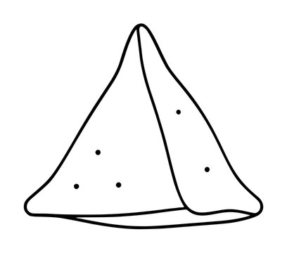 Hand-traced black vector illustration of a golden fried triangular samosa pastry with scattered spice dots, minimalist line art icon style for menus or culinary graphics