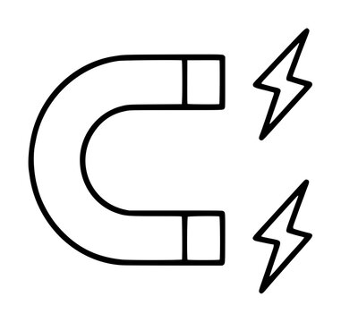 Hand-Drawn Magnet with Lightning Bolts Icon Vector Illustration, Bold Outline Clip Art of U-Shaped Horseshoe Attracting Electric Energy, Simple Hand-Traced Graphic Design
