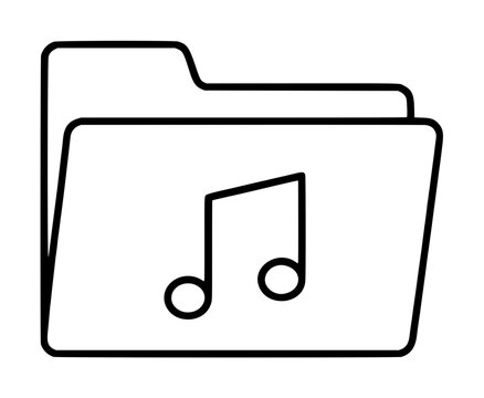 Hand traced vector icon of a music folder featuring a bold eighth note symbol on the cover, drawn in clean black outlines with rounded corners on a white background, minimalist line art style for