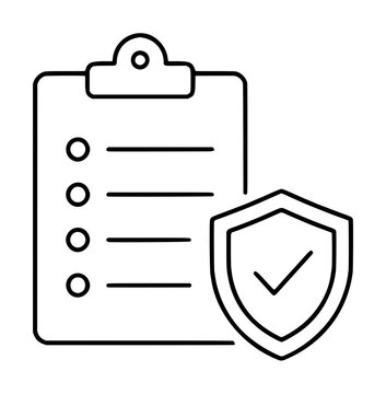 Hand-traced vector icon illustration of a clipboard checklist with a verified shield, depicting task approval, security verification, and compliance documentation in minimalist line art style