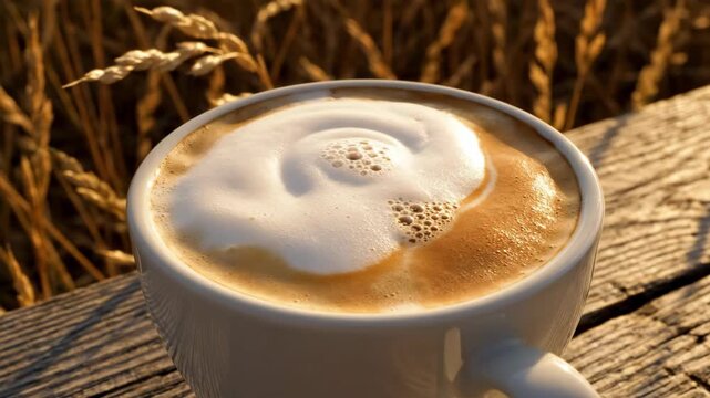 Silken oat milk foam forms an organic whirl over golden espresso in a white cup beside ripened grain, weathered timber, fine bubbles, and amber field light evoking a rustic plant based coffee ritual