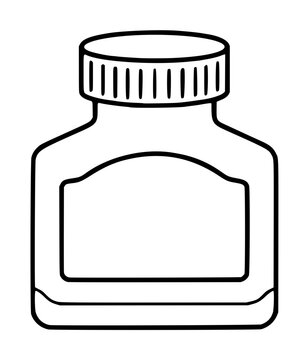 Black and white hand-drawn vector illustration of a classic ink bottle with ribbed screw cap and blank label, isolated icon for writing and calligraphy themes