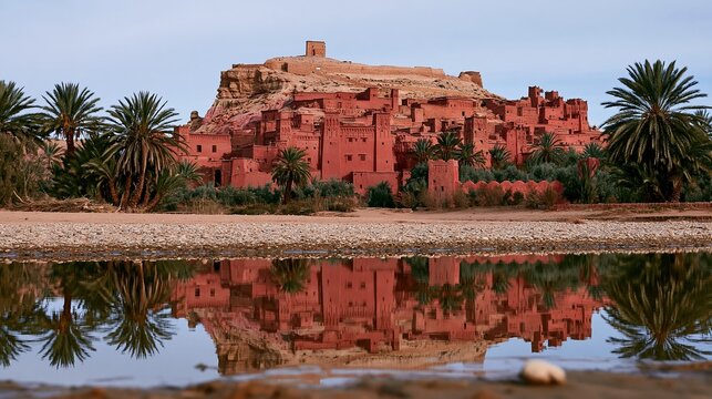 Ancient mud-brick fortified village reflecting in a still river, featuring rough adobe textures and date palms for Moroccan cultural heritage and travel content