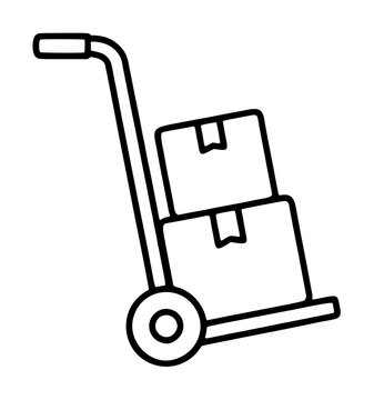 Hand-traced vector line icon illustration of a flatbed dolly hand truck loaded with two stacked cardboard shipping boxes, ideal for logistics and delivery graphic design projects.