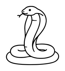 Naklejka premium Hand drawn cobra snake vector icon illustration with coiled body, flared hood, and forked tongue in minimalist black outline style on a white background for reptile design