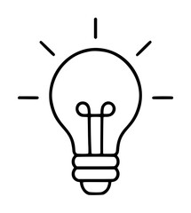 Hand-traced minimal line art vector icon of a glowing classic incandescent light bulb with radiating rays, symbolizing bright ideas, inspiration, innovation, and creative thinking in a clean black © Abu