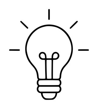 Hand-traced minimal line art vector icon of a glowing classic incandescent light bulb with radiating rays, symbolizing bright ideas, inspiration, innovation, and creative thinking in a clean black