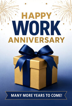 Celebrate a happy work anniversary with a beautifully wrapped gift box and fireworks display