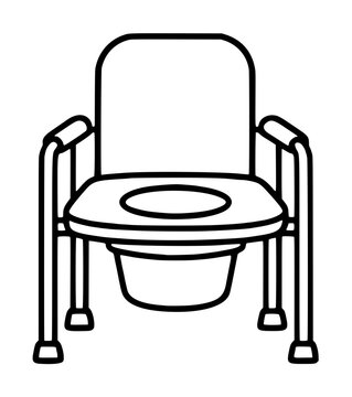 Hand-traced black and white vector illustration of a bedside commode chair featuring a removable bucket, supportive armrests, sturdy metal frame, and an elevated toilet seat for home caregiver use