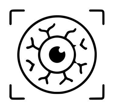 Minimalist black and white vector icon illustration of a human eye with detailed veins and focus brackets, representing biometric retina scanning, digital security, vision health, and sight.