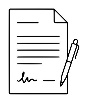 Professional minimalist vector icon of a contract paper with a pen and signature. This clean line art illustration represents a legal agreement, business document, or formal application form.