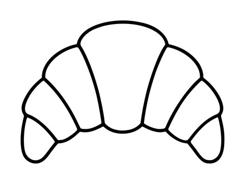 Classic crescent-shaped French croissant pastry hand-traced vector icon illustration featuring segmented flaky layered dough with curved tapered ends in minimalist black outline line art