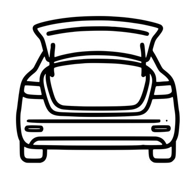 Hand-traced vector illustration of an open car trunk viewed from the rear, showcasing bold black outline strokes on a clean white background in a minimalist line art style.