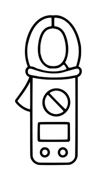 Hand-drawn vector illustration of a clamp meter digital multimeter tool with clamp jaw, rotary dial, display screen, and control buttons in minimalist black line art style